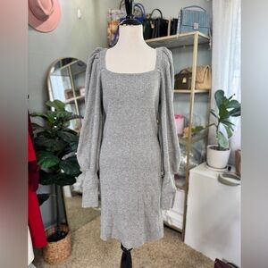 Ann Taylor Light Gray Sweater Dress Puff Long Sleeve Size Small Ribbed FItted